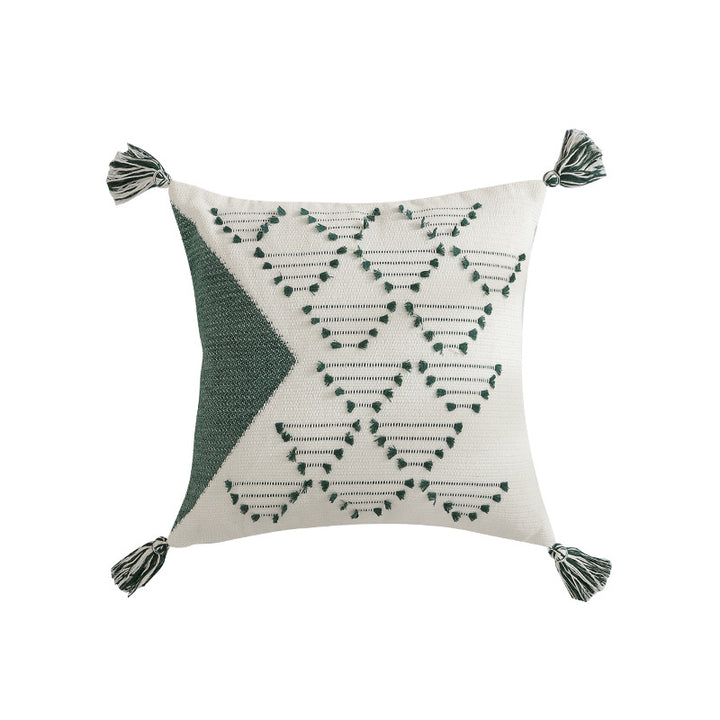 Woven decorative cushion cover with geometric tuft pattern, tassels and concealed zipper