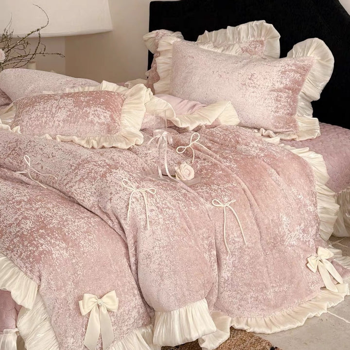 Luxury Crushed Velvet Ruffled Duvet Cover Set with Satin Bows