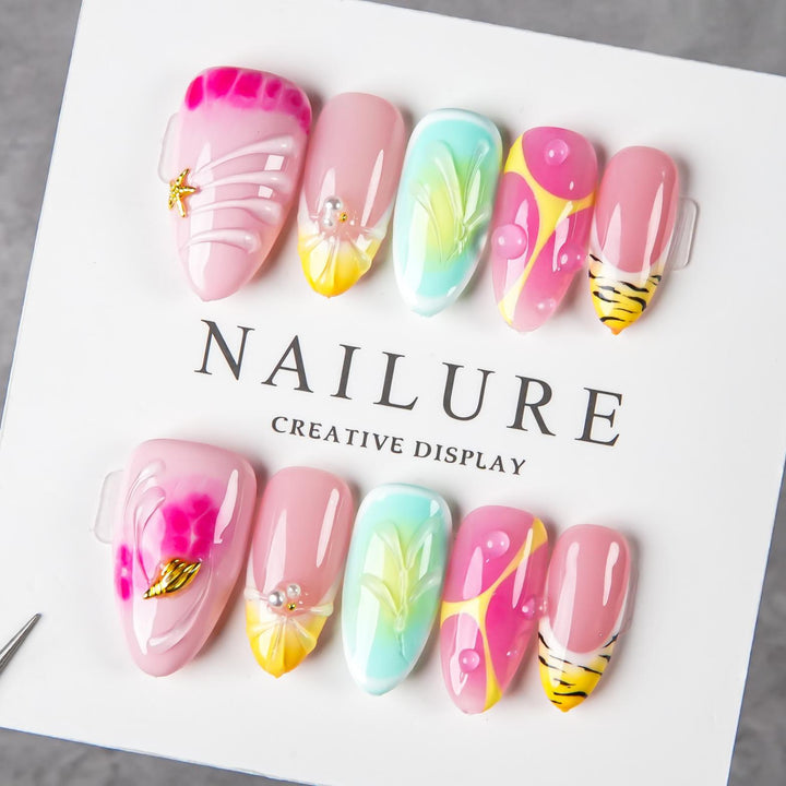Artistic Press-On Nail Set with Floral and Graphic Designs