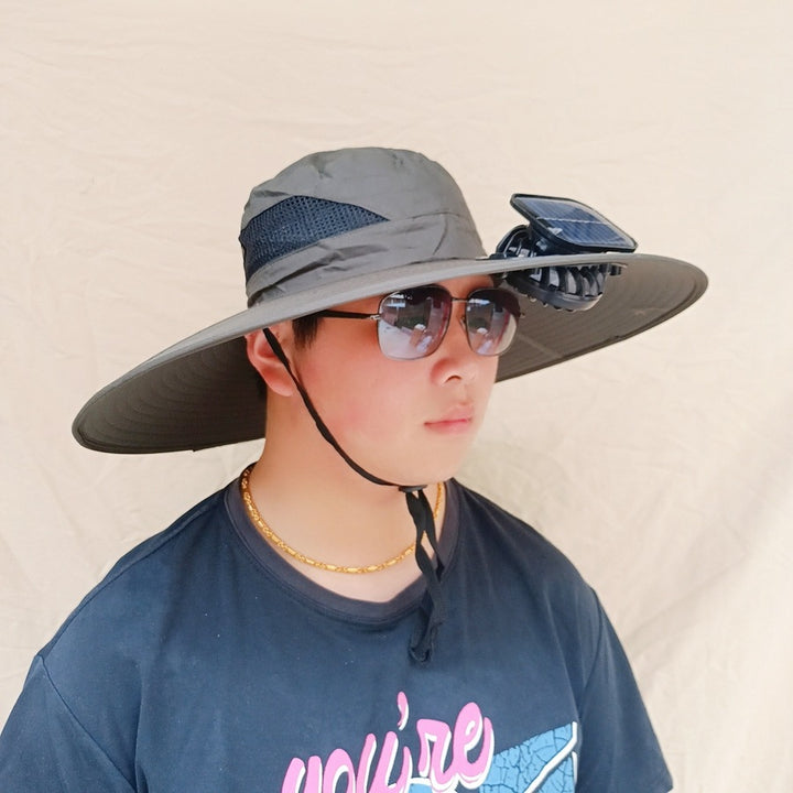 Wide-brimmed sun hat with detachable swivel solar fans and adjustable chin strap Stornfield