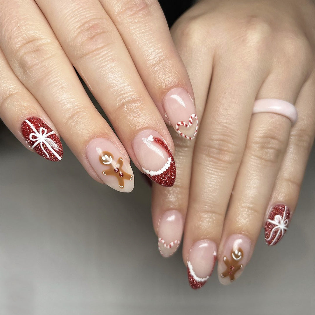 Artificial nail set with festive candy cane and gingerbread pattern Stornfield