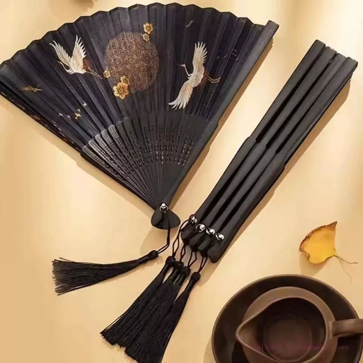 Women One Size hand-painted crane and plum blossom fan with carved wooden ribs and silk tassel Stornfield