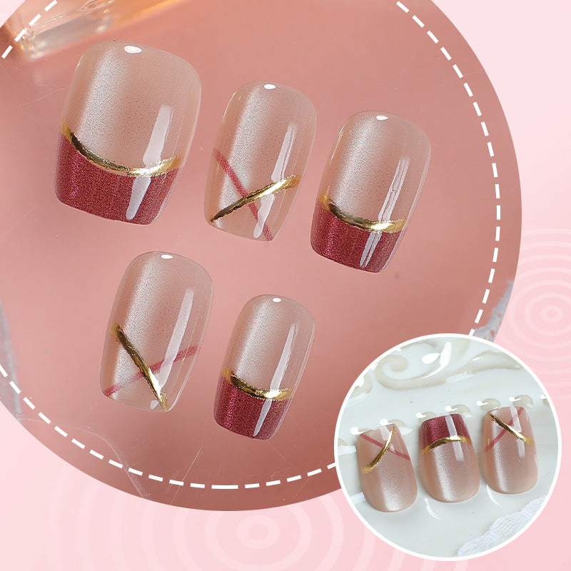 Creative Press-On Nail Art Set with Elegant Gold Accents