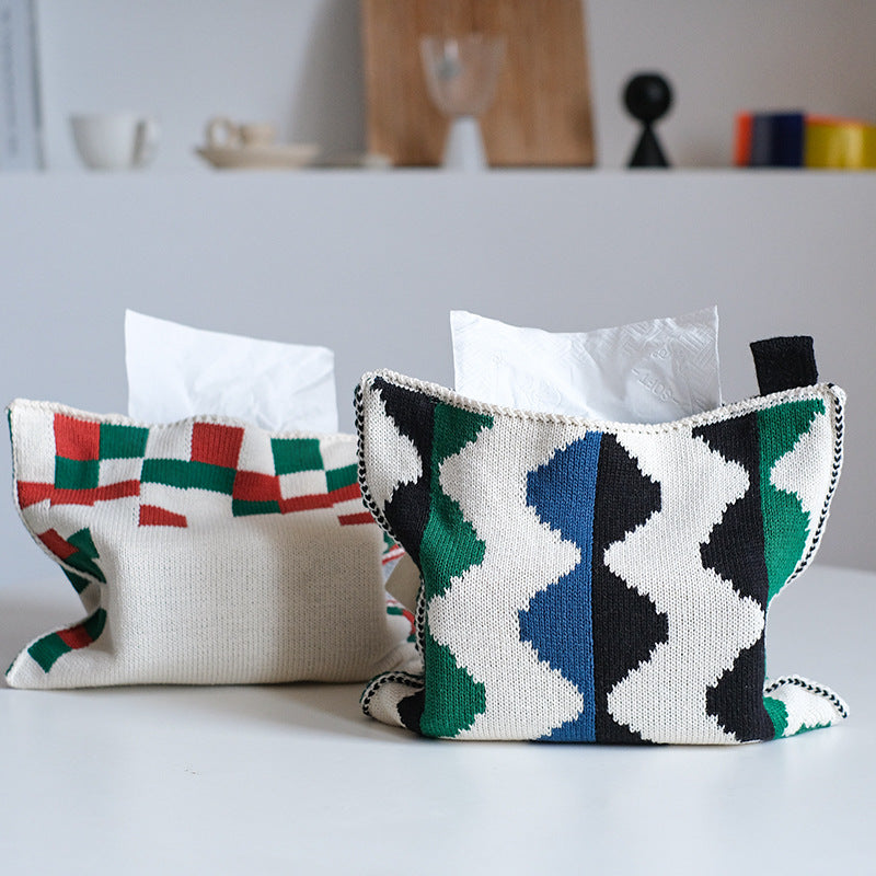 Knitted tissue box cover with geometric wave pattern