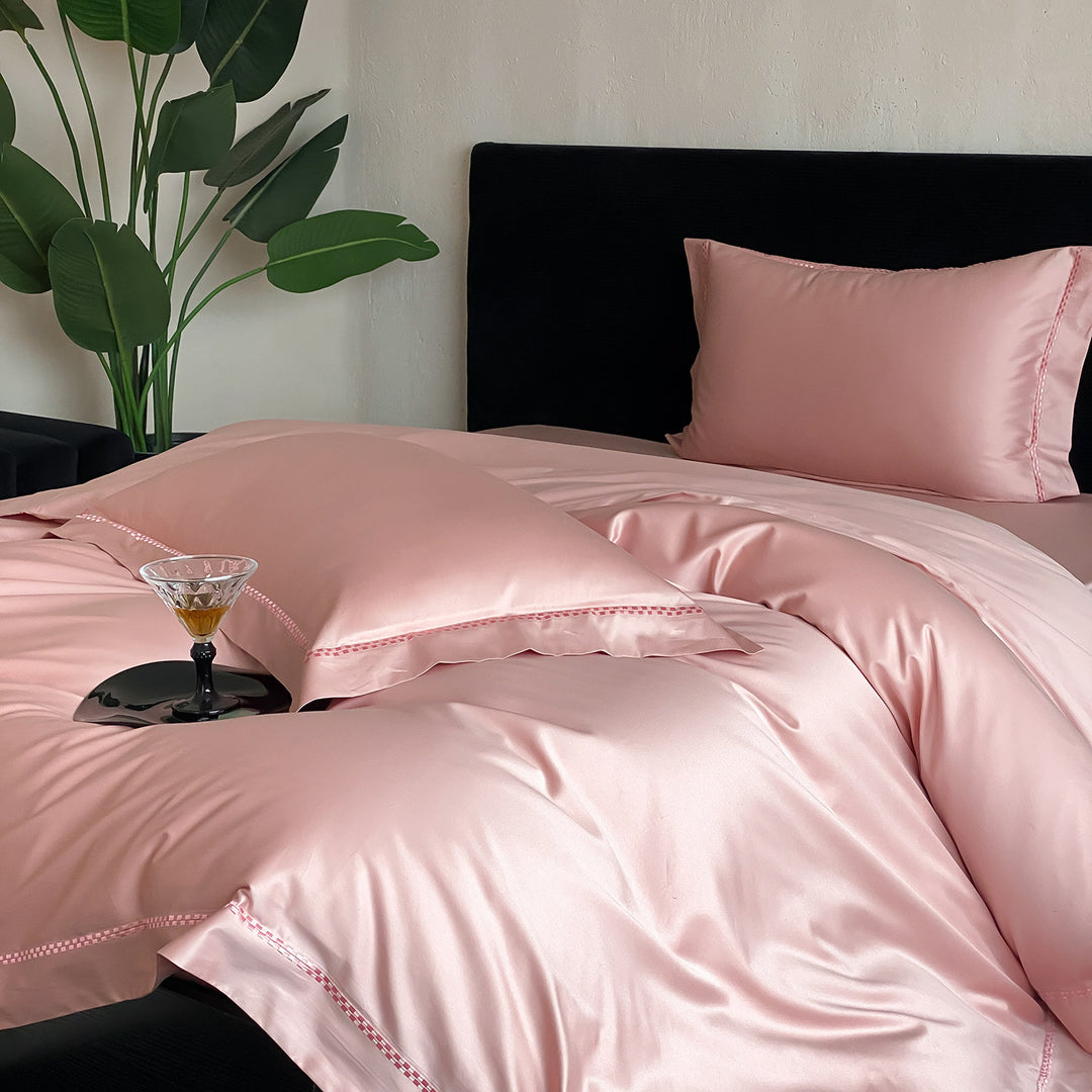 Premium Satin Bedding Set with fine hemstitch embroidery and silky smooth finish