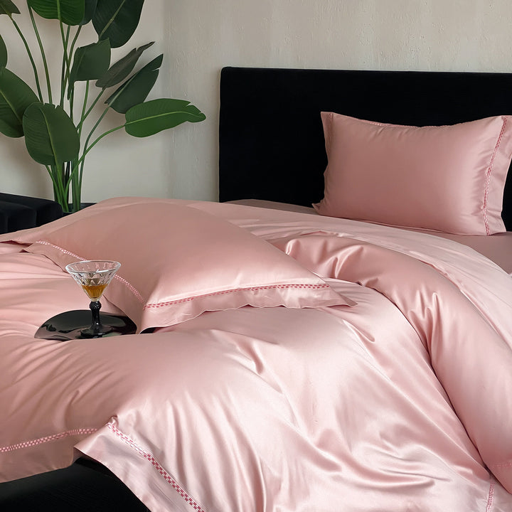 Premium Satin Bedding Set with fine hemstitch embroidery and silky smooth finish