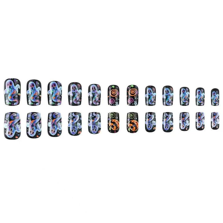 Creative nail art set with colorful Halloween designs and glitter effects Stornfield