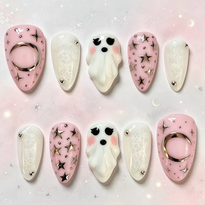 Theatrical Ghost-Themed Press-On Nail Art Set