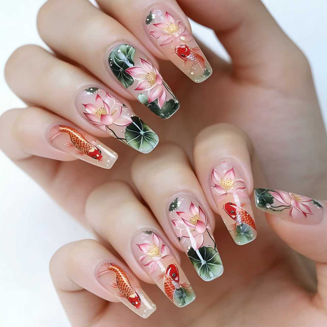 Artificial nails with floral lotus elements and koi pattern Stornfield