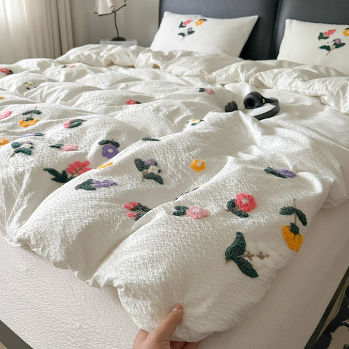 Textured Embroidered Floral Duvet Cover Set with Tufted Appliqué