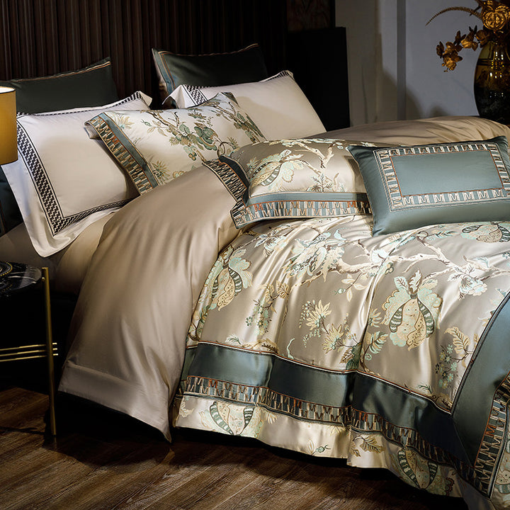 Satin-Jacquard Luxury Duvet Cover Ensemble with Floral Brocade, Piped Sateen Border and Decorative Pillow Shams
