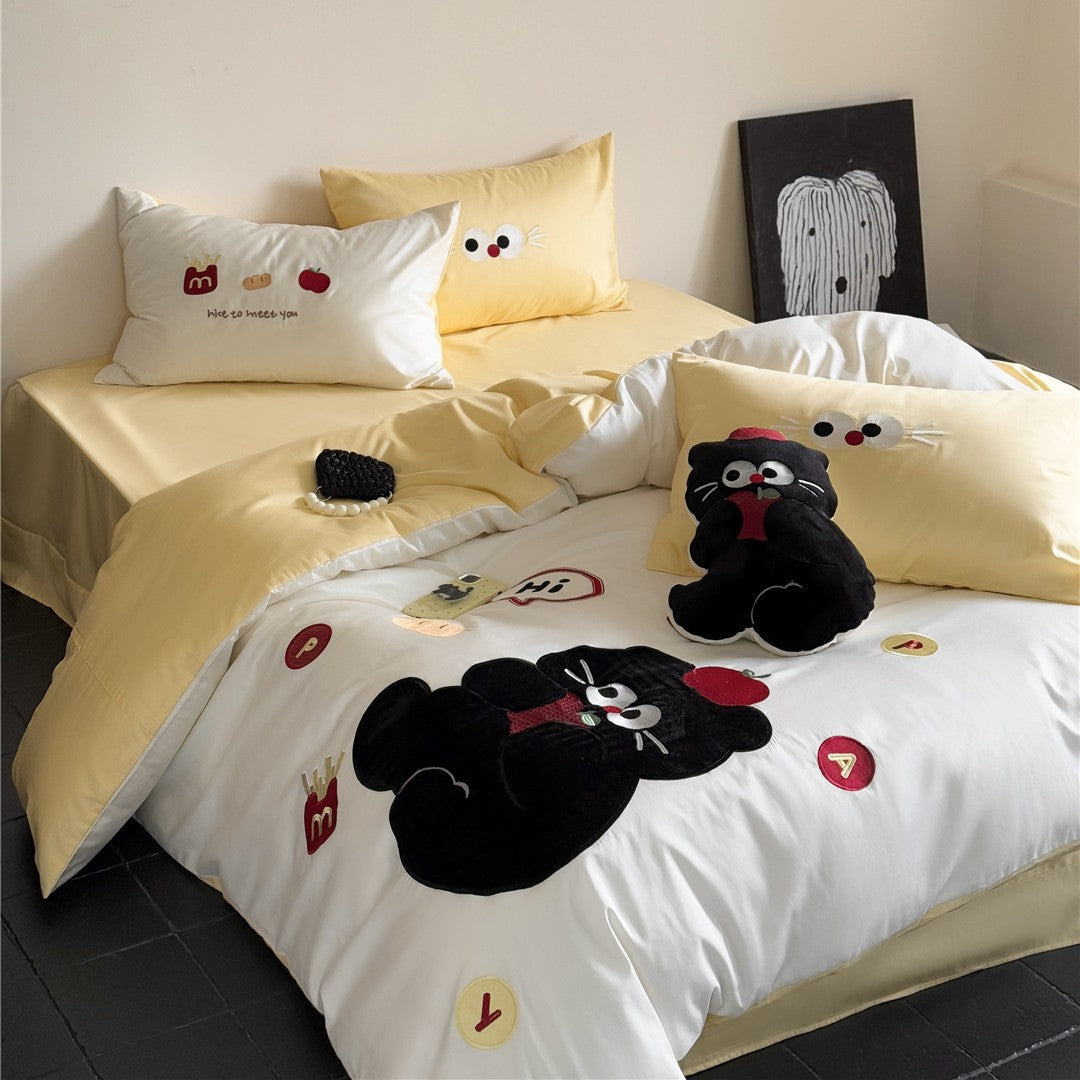 Cartoon Appliqué Plush Cat Duvet Cover Set with Micro‑Sateen Reversible Back & Pillow Shams