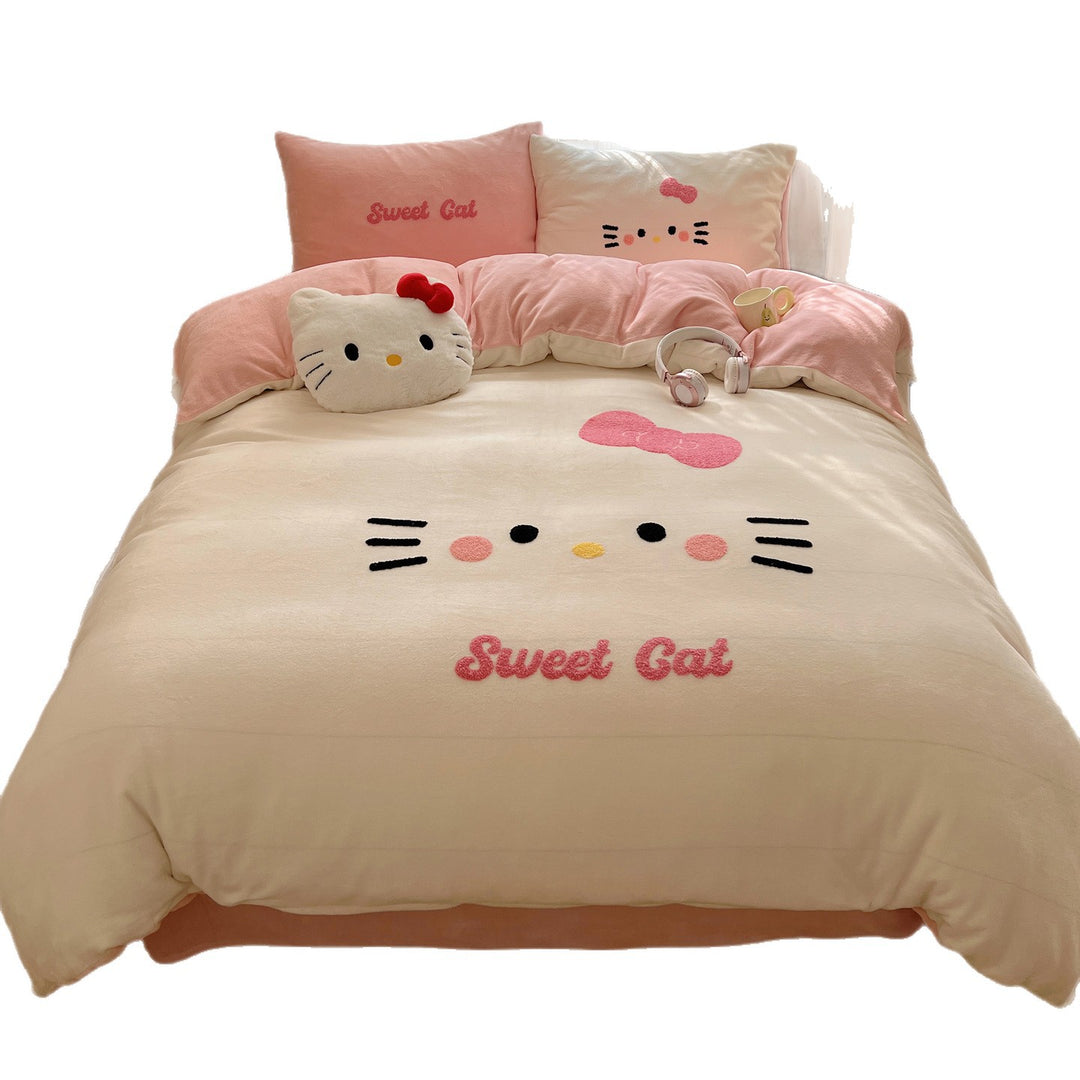 Plush Embroidered Kawaii Cat Comforter Set