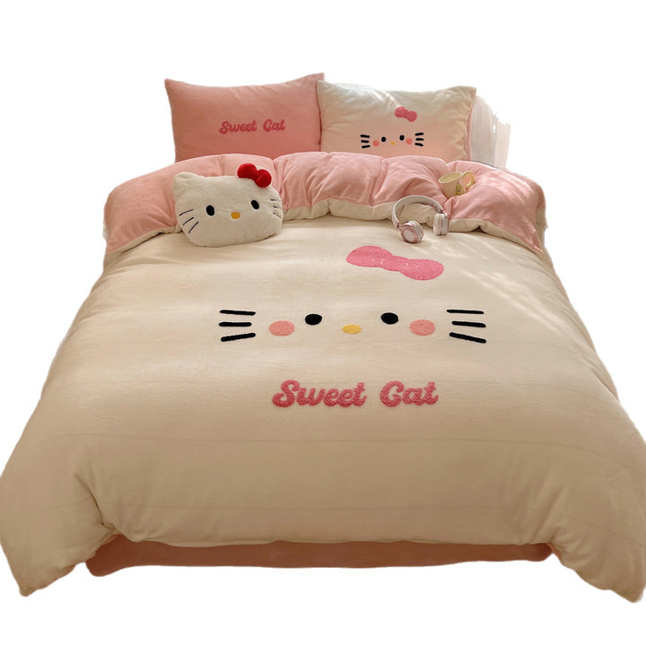 Plush Embroidered Kawaii Cat Comforter Set