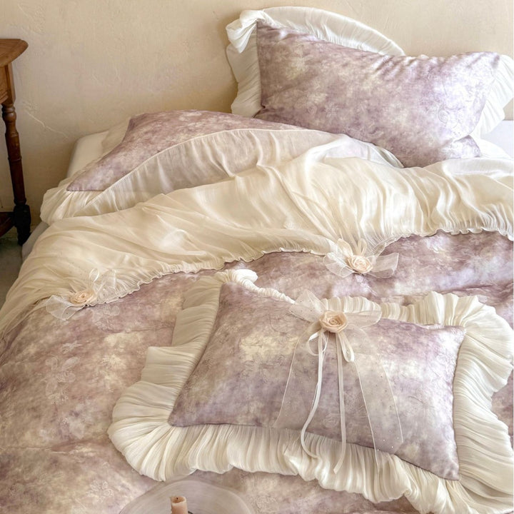 Romantic bedding set with ruffles, frills, and velvet look