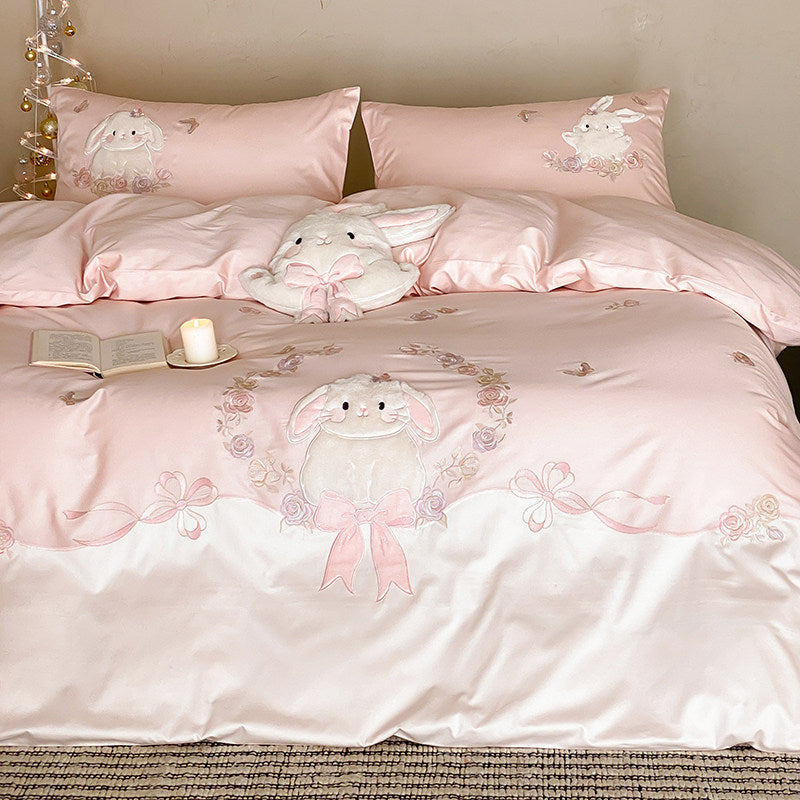Whimsical Plush-Appliqué Bunny Duvet Cover & Sham Set