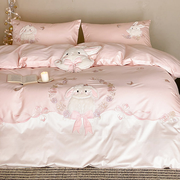 Whimsical Plush-Appliqué Bunny Duvet Cover & Sham Set