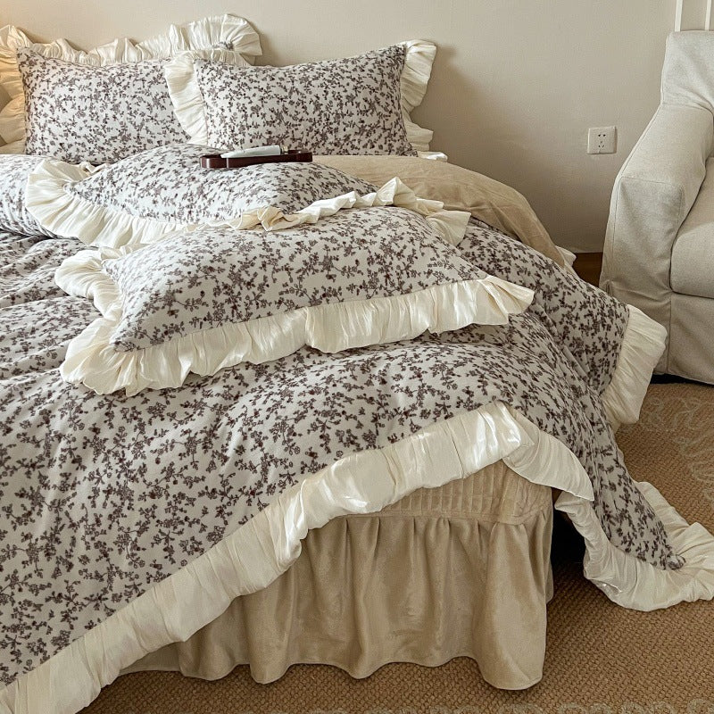 Floral Brushed Cotton Duvet Cover Set with Ruffled Satin Trim