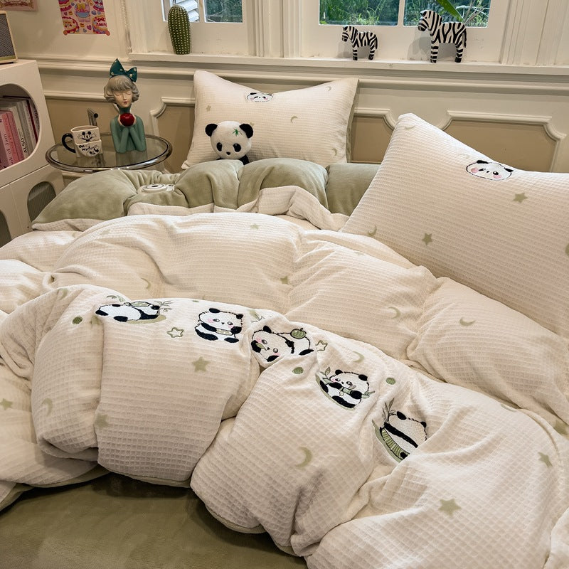 Reversible Flannel Duvet Comforter Set with Embroidered Elephant and Heart Motif