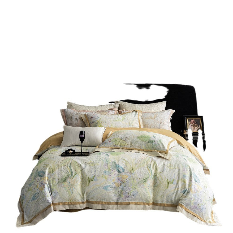 Botanical Cotton Sateen Duvet Cover Bedding Set with Contrast Border and Envelope Closure
