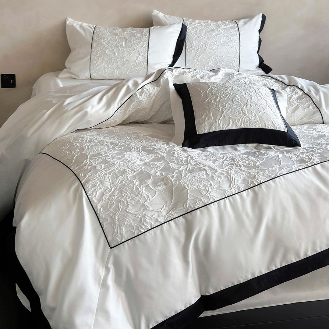 Textured Floral Matelassé Duvet Cover Set with Contrast Piped Border and Euro Shams