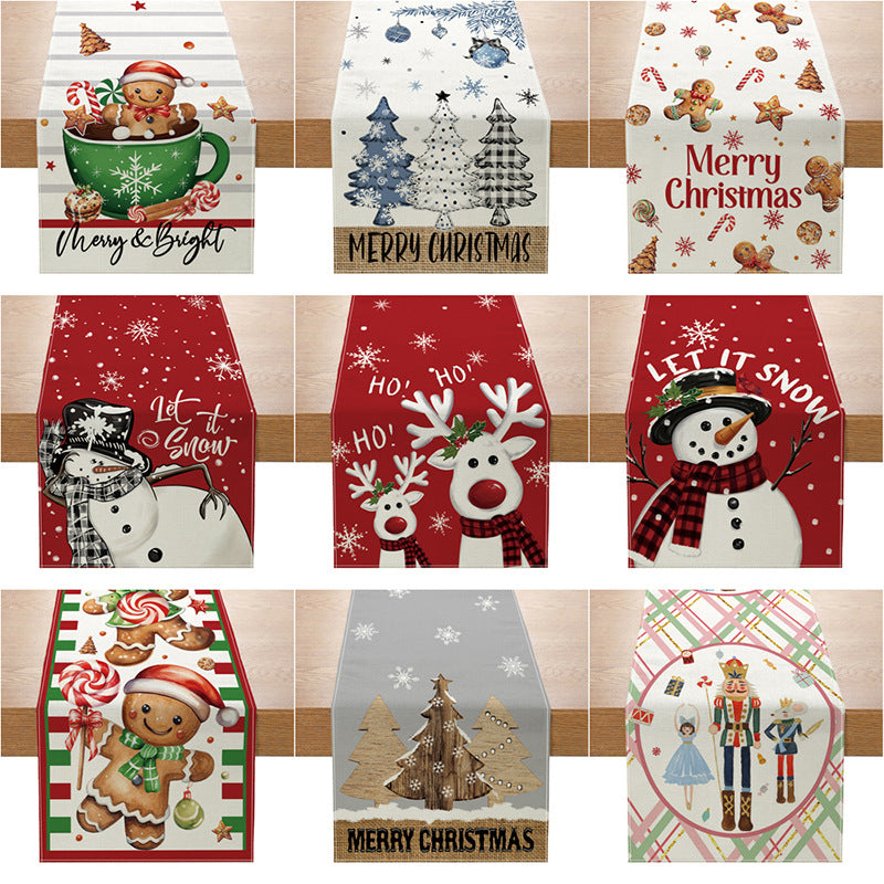 Linen-Texture Cotton-Blend Christmas Table Runner with Burlap Trim and Winter Tree Illustration
