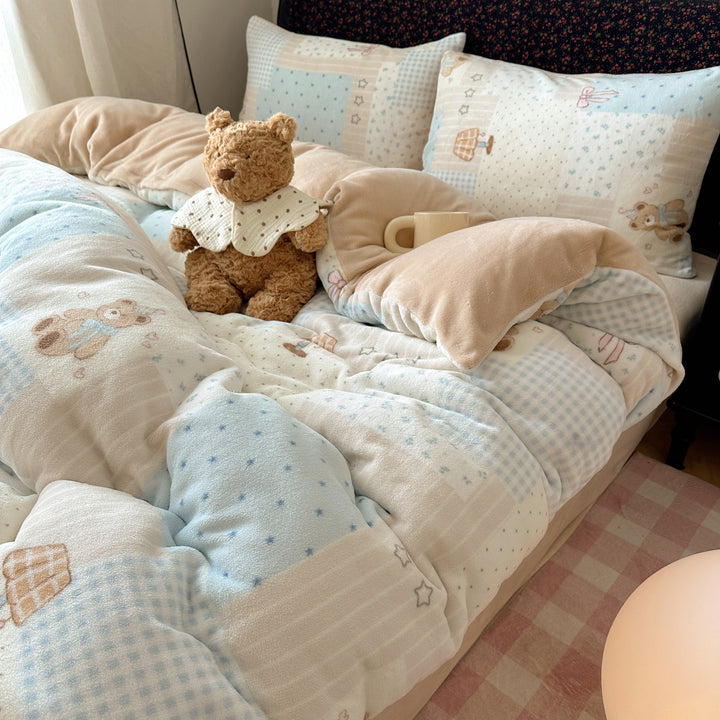 Children's Plush Reversible Teddy Patchwork Comforter Bed Set