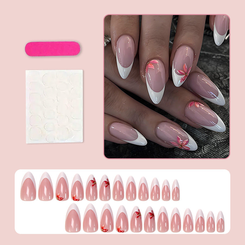 Artificial nail set with elegant French design and charming floral accents Stornfield