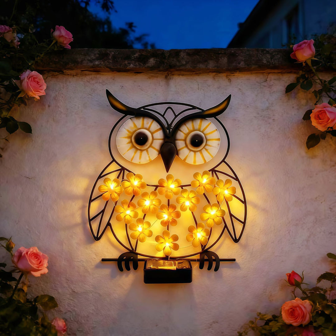 Metal Owl Wall Art With Solar Powered LED Floral Lights And Iron Frame Stornfield