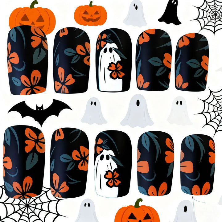 Artistic Floral Ghost-Themed Nail Art Enhancements Stornfield