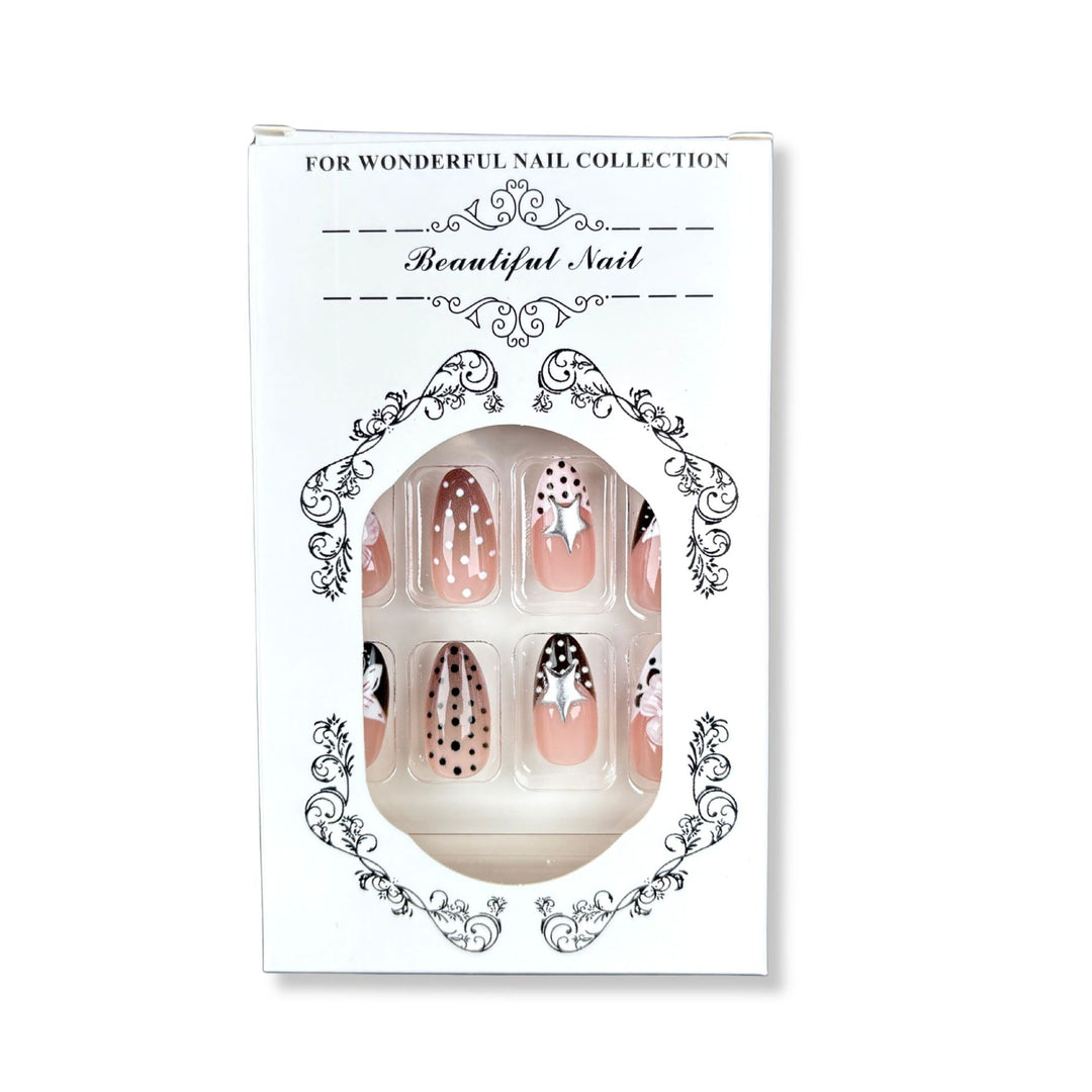 Artistic Press-On Nail Art Set with Unique Floral and Star Designs