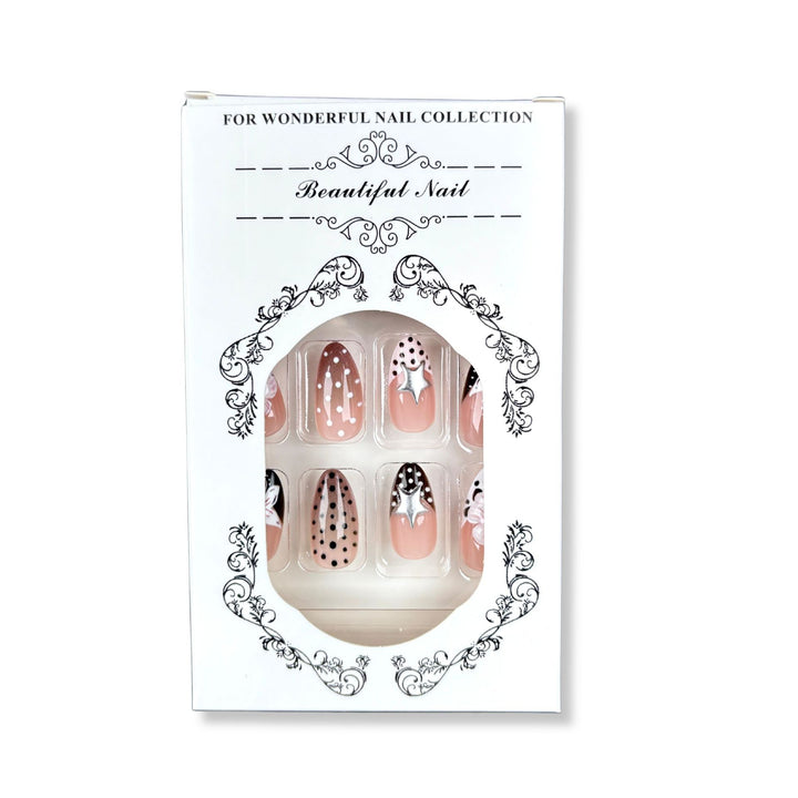 Artistic Press-On Nail Art Set with Unique Floral and Star Designs