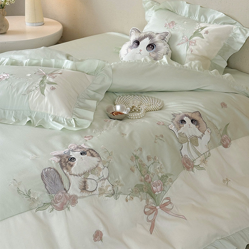 Ruffled Embroidered Cotton Sateen Cat-Motif Duvet Cover Set