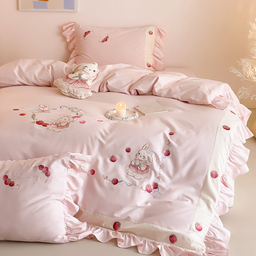Ruffled Embroidered Bunny Cotton-Sateen Duvet Cover Set with Pillow Shams