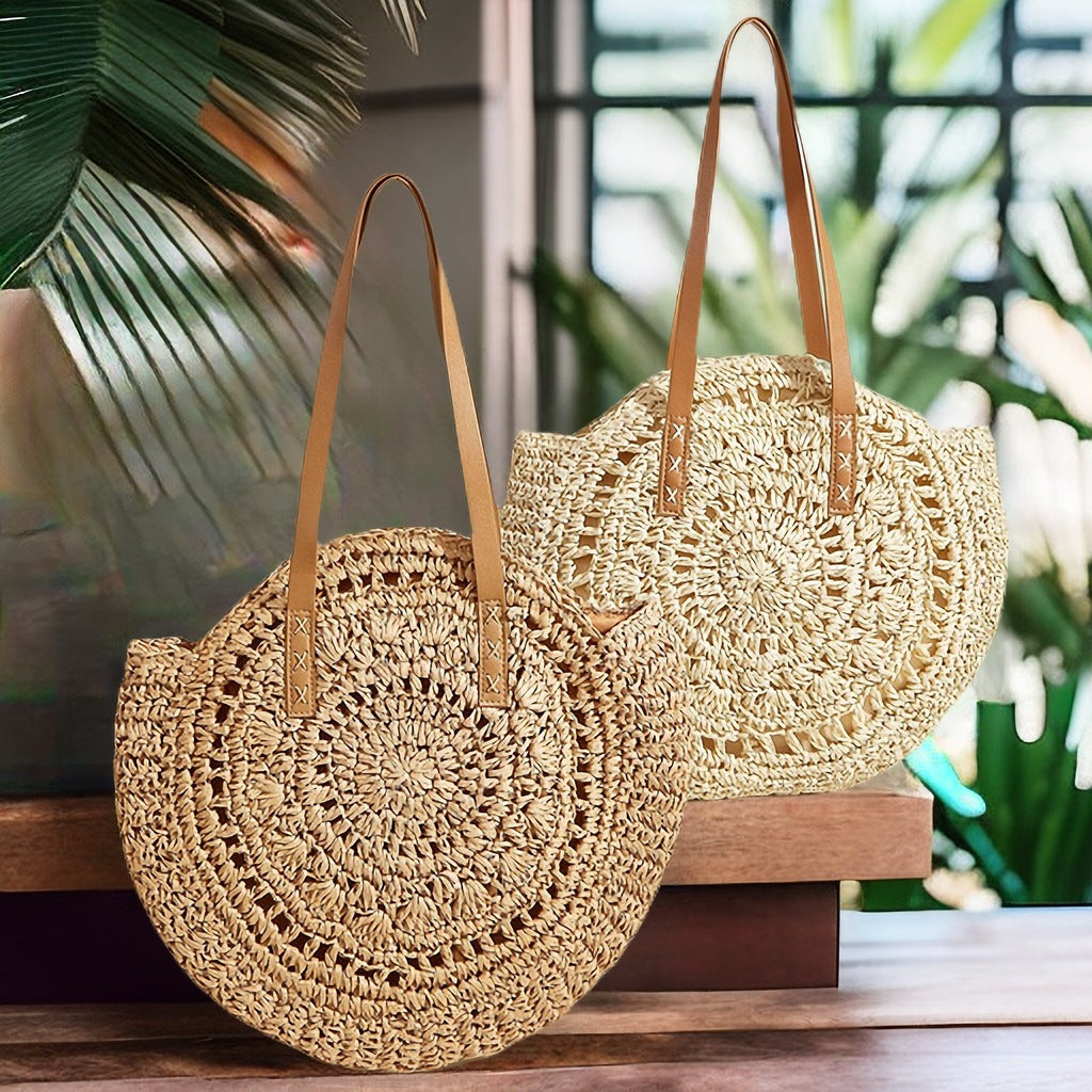 Handcrafted Round Straw Bag with Elegant Leather Handles Stornfield