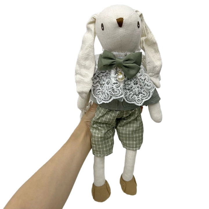Handcrafted Linen Bunny Doll with Lace Collar and Pearl Bow Charm