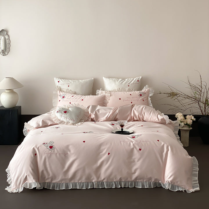 Satin-Feel Frilled Embroidered Heart Motif Duvet Cover Set