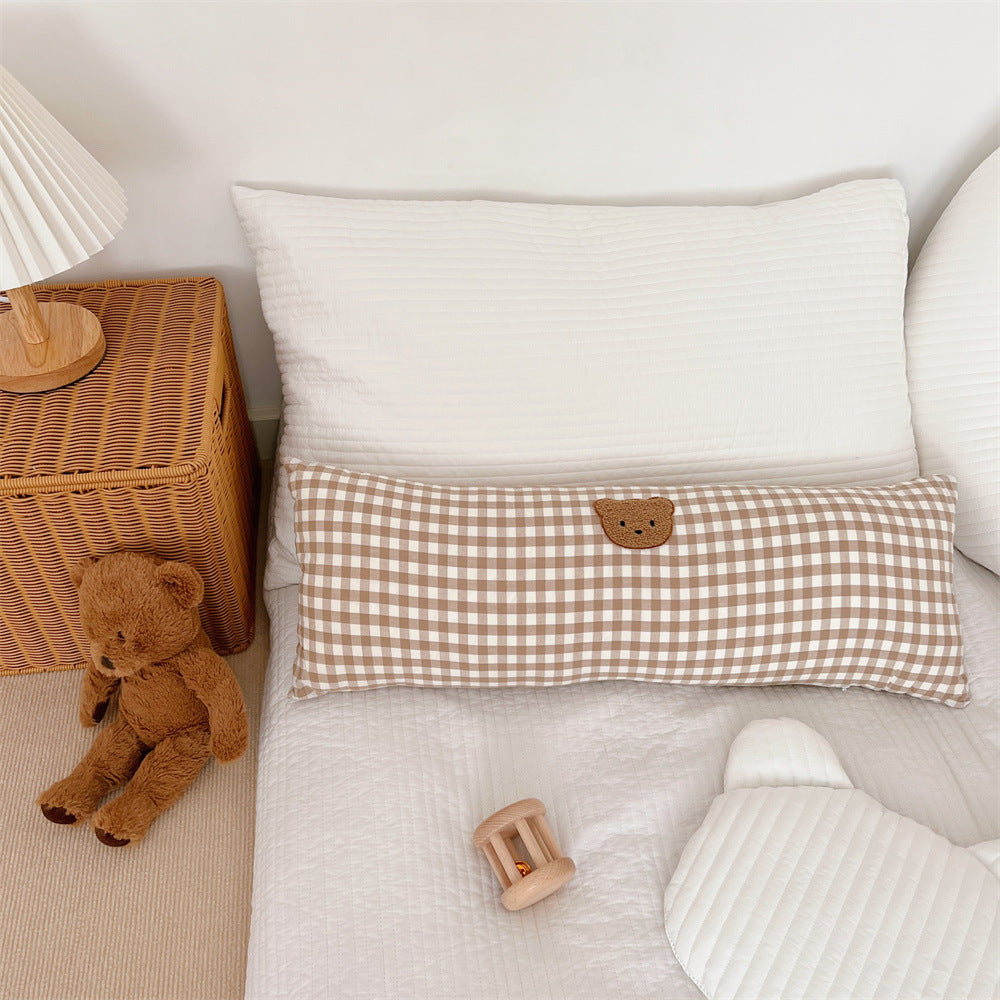 Gingham Bolster Nursery Pillow with Embroidered Daisy Appliqué Cotton Cover