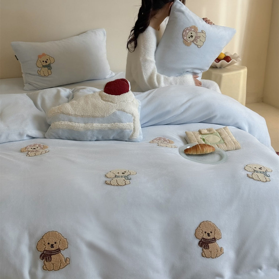 Cute Embroidered Puppy Cotton-Sateen Duvet Cover Set