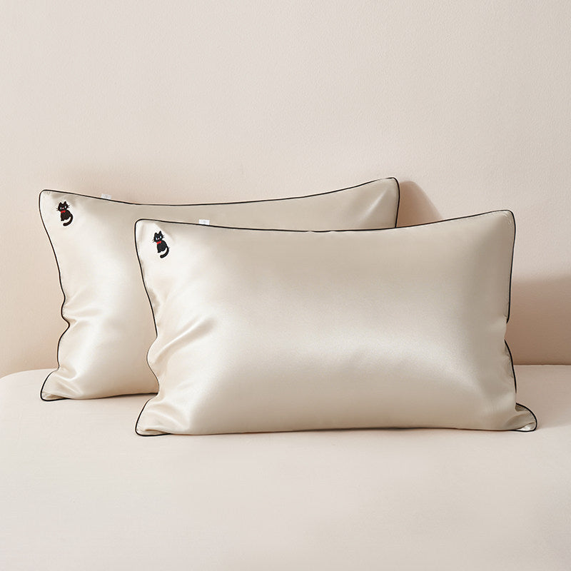Silky Satin Pillowcase Pair with Contrasting Piping and Corner Cat Embroidery
