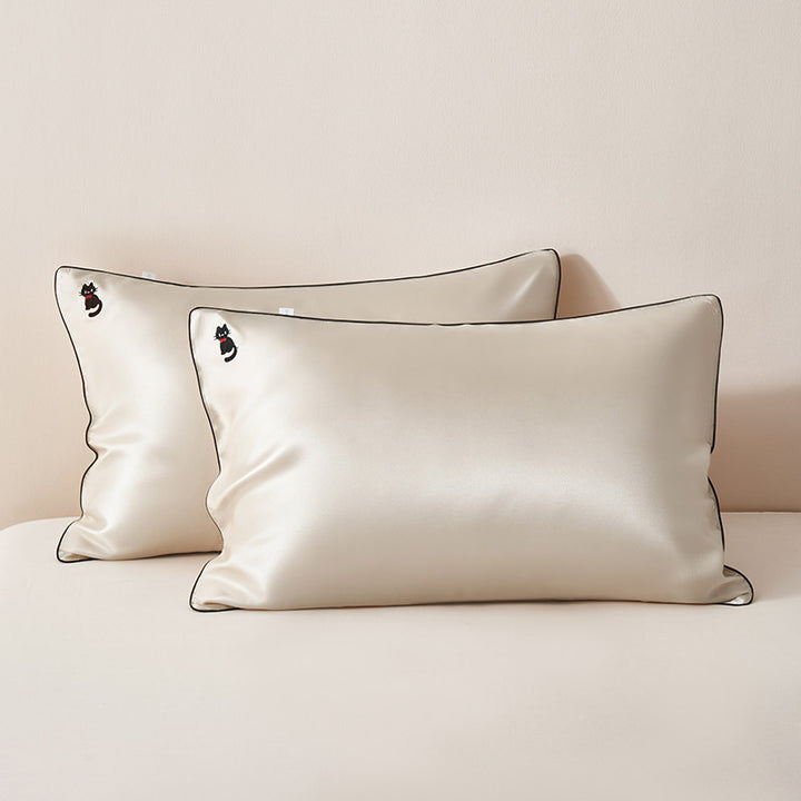 Silky Satin Pillowcase Pair with Contrasting Piping and Corner Cat Embroidery