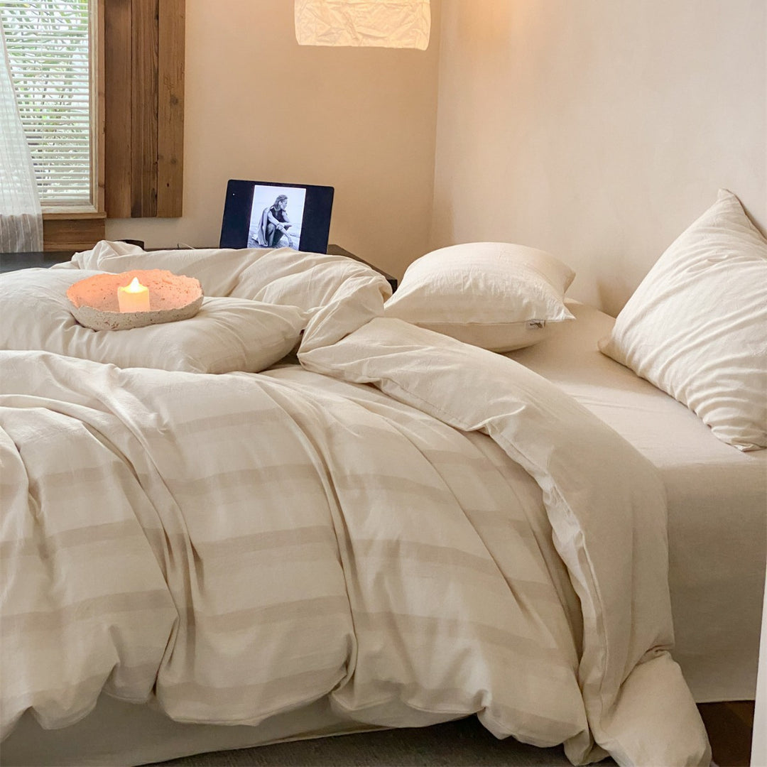 Soft-Washed Hemp-Cotton Stripe Duvet Cover Set with Hidden Button Closure