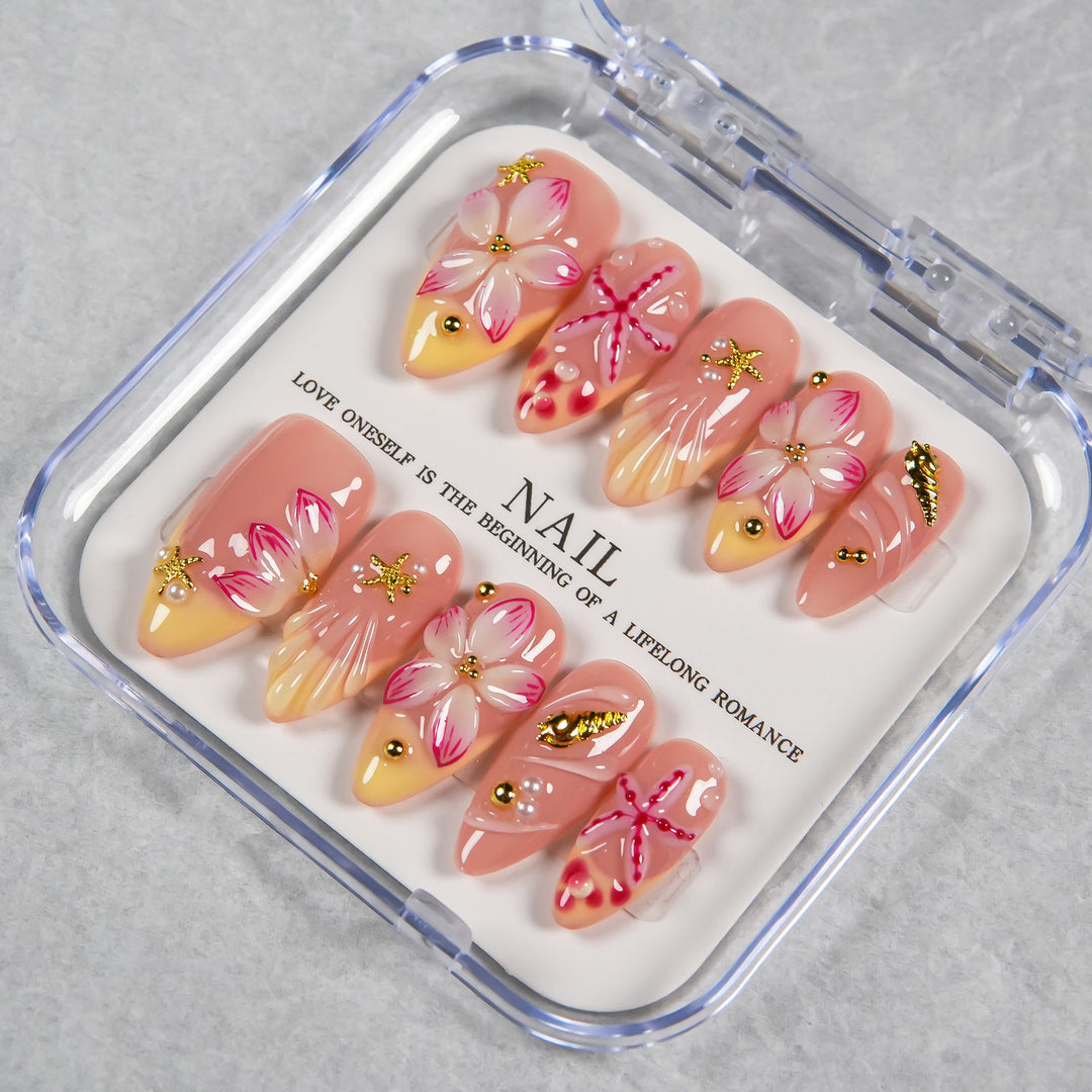 Decorative Press-On Nail Set with Floral and Beach Accents