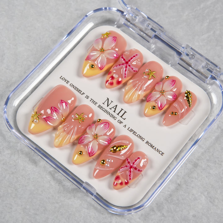 Decorative Press-On Nail Set with Floral and Beach Accents