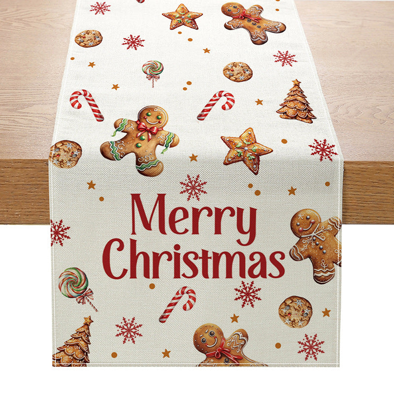 Linen-Texture Cotton-Blend Christmas Table Runner with Burlap Trim and Winter Tree Illustration