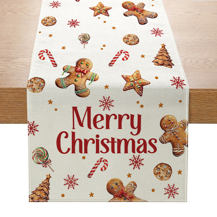 Linen-Texture Cotton-Blend Christmas Table Runner with Burlap Trim and Winter Tree Illustration