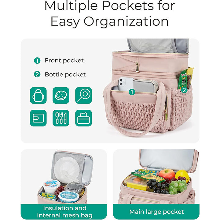 Insulated picnic bag with multi-layered interior compartment and practical carrying system Stornfield