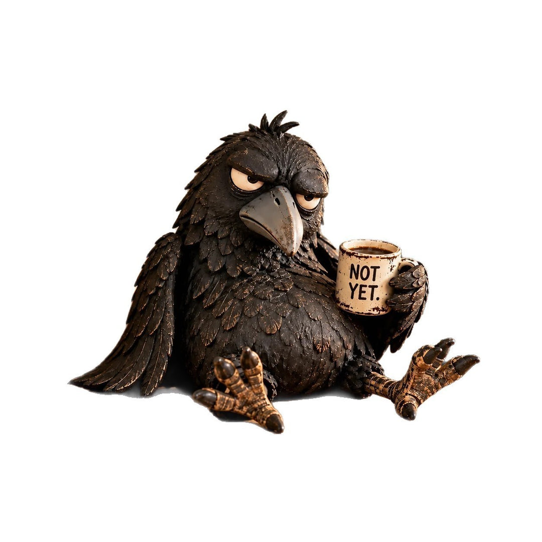 Quirky Raven Sculpture with Coffee Cup Stornfield