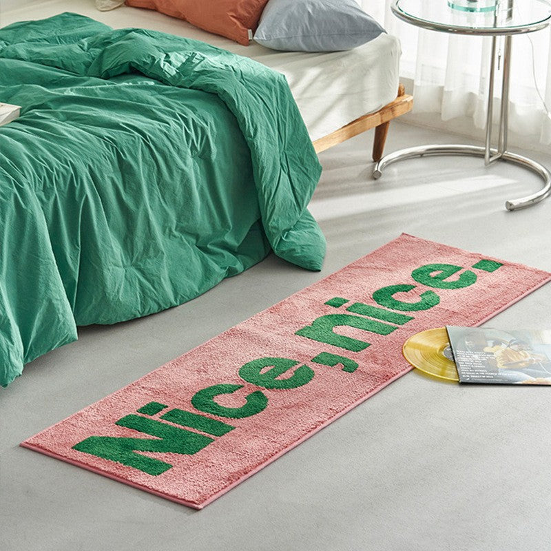 Long Chenille Runner Rug with Bold Green Typographic Slogan
