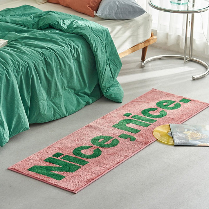 Long Chenille Runner Rug with Bold Green Typographic Slogan